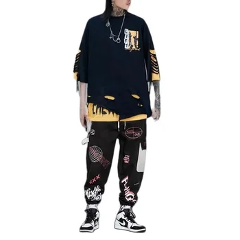 Moda Trenirka Moški Korejska Različica 2022 Novo Ohlapno Kratki Rokavi T-Shirt + Hip-Hop Kombinezon Priložnostne Nastavite Z Obleko, Dvodelno,
