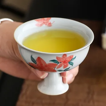 Porcelan Ročno Poslikane Yingchun Pokal Starinsko Porcelana Siva Glazura Čaj Pokal Visoko Stopala Tea Cup Kung Fu Čaj Nastavite Eno Skodelico Skledo