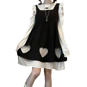 Srčkan Votlo Srce Brez Rokavov Obleko Dekleta Harajuku Gothic Kawaii Priložnostne Obleke Princess Ženske Lolita Črna Mini Sweet Obleke